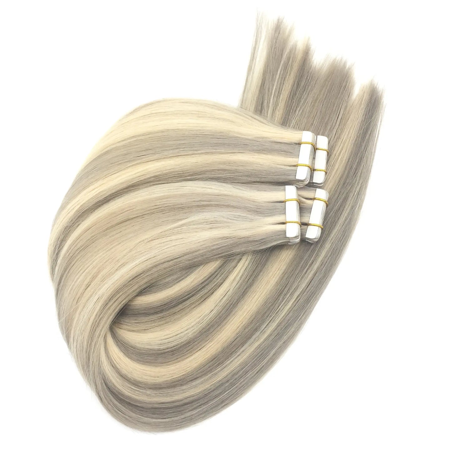 Human hair tape in extensions light blonde and silver piano color