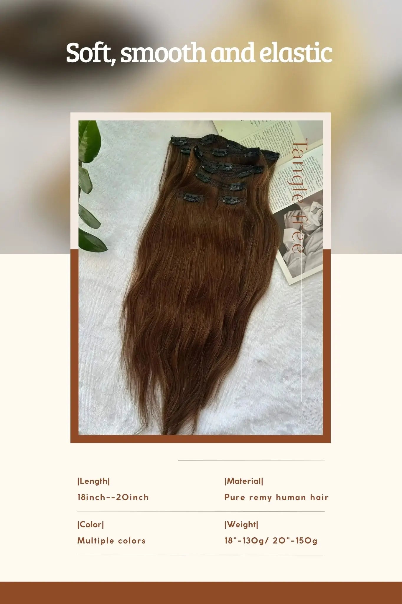 high quality clip-in hair extensions, soft and smooth natural hair, no tangling, no frizz