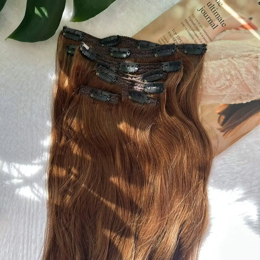 remy clip-in hair extensions, chocolate brown, detailed view